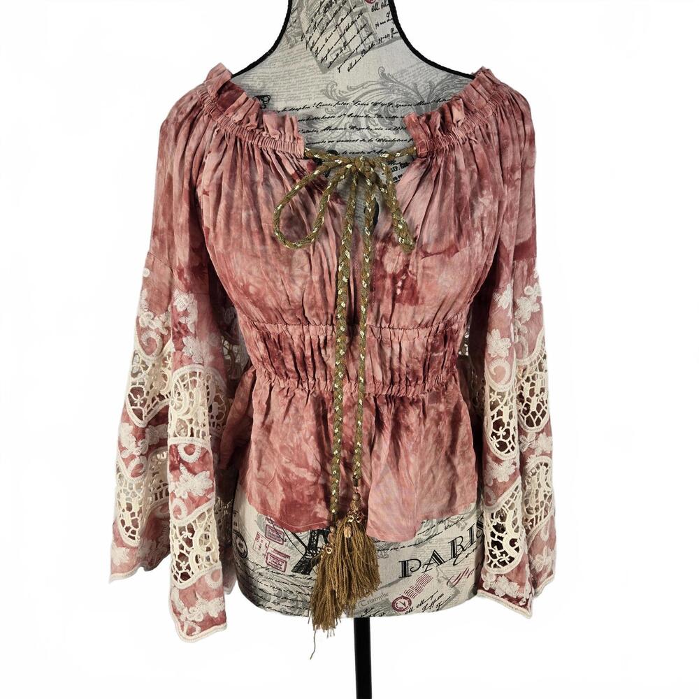 Venus Boho Tie Dye Lace Bell Sleeve Peasant Top Rose Pink Smocked Waist Small 4 - Picture 3 of 9